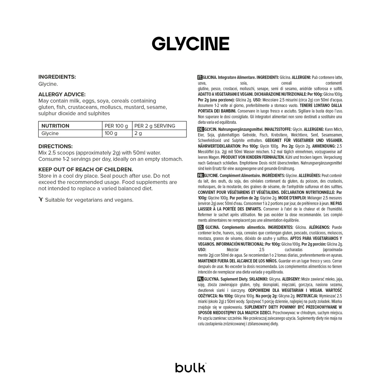 BULK Glycine en poudre 500 g acide aminé