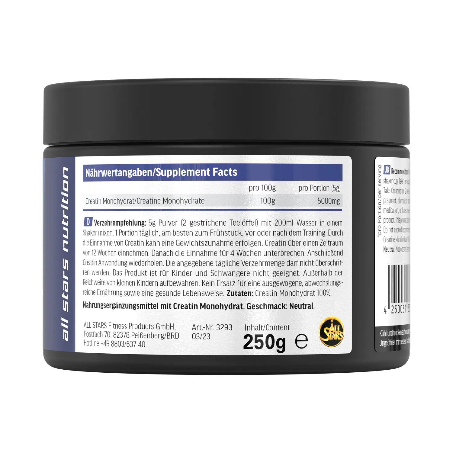AllStars Creatin Monohydrat créatine en poudre 250 g pure sans arôme