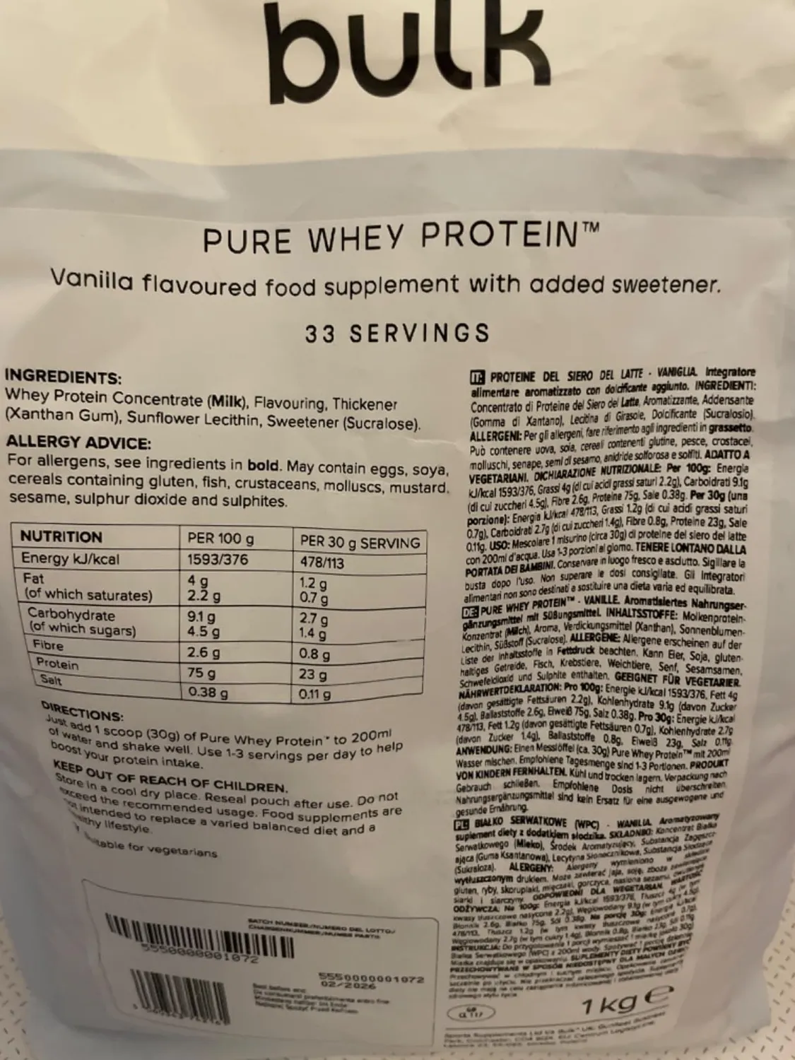 BULK Pure Whey protéine en poudre 1 kg Vanille moins sucrée