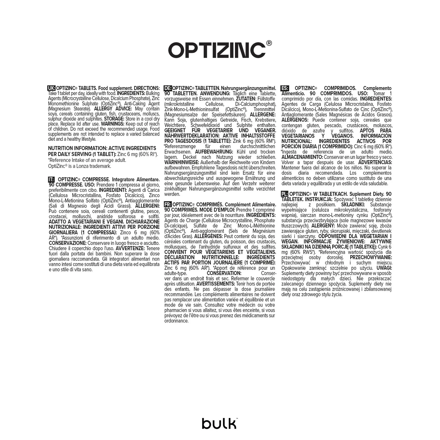 BULK OptiZinc Pure comprimés 30 mg 270 unités zinc méthionine