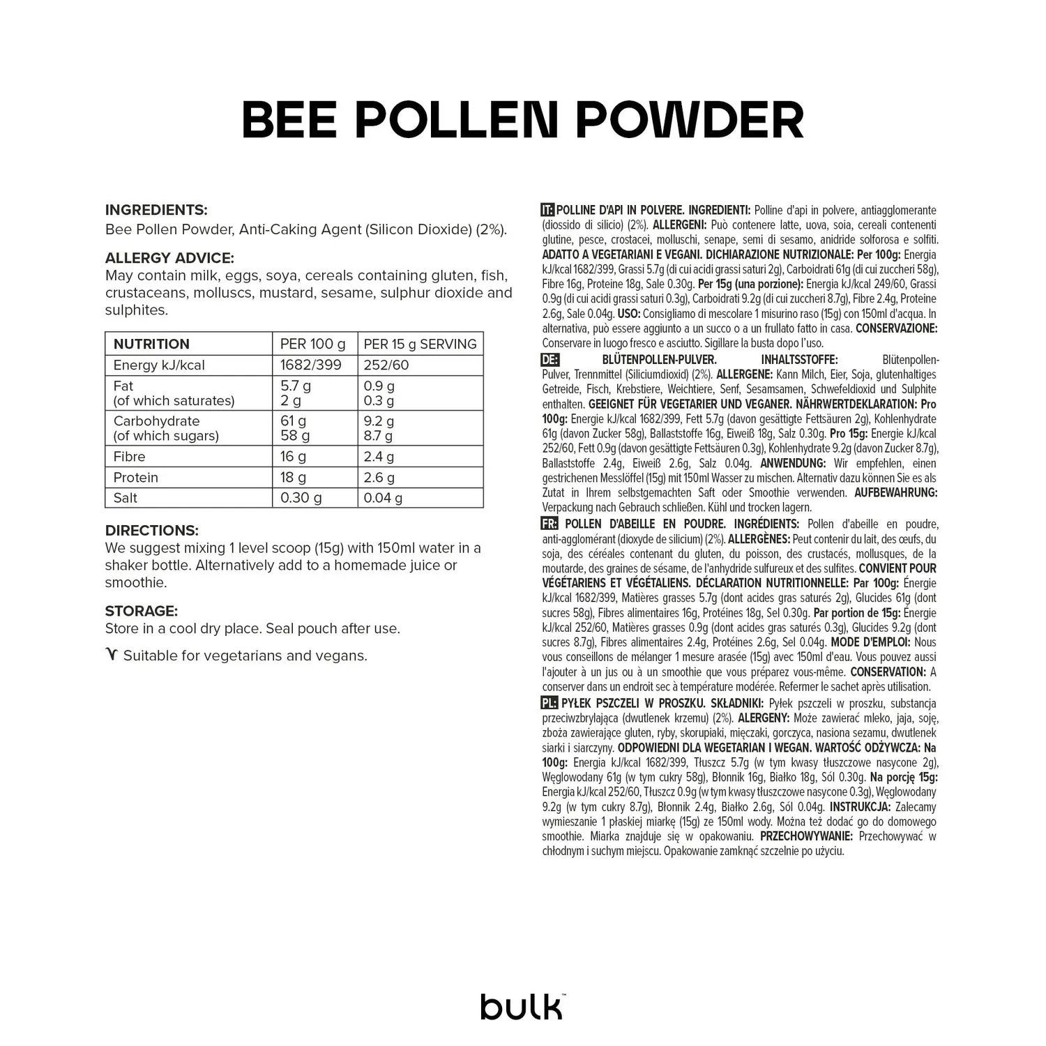 BULK Pollen d’Abeille en Poudre 500 g récolte éthique