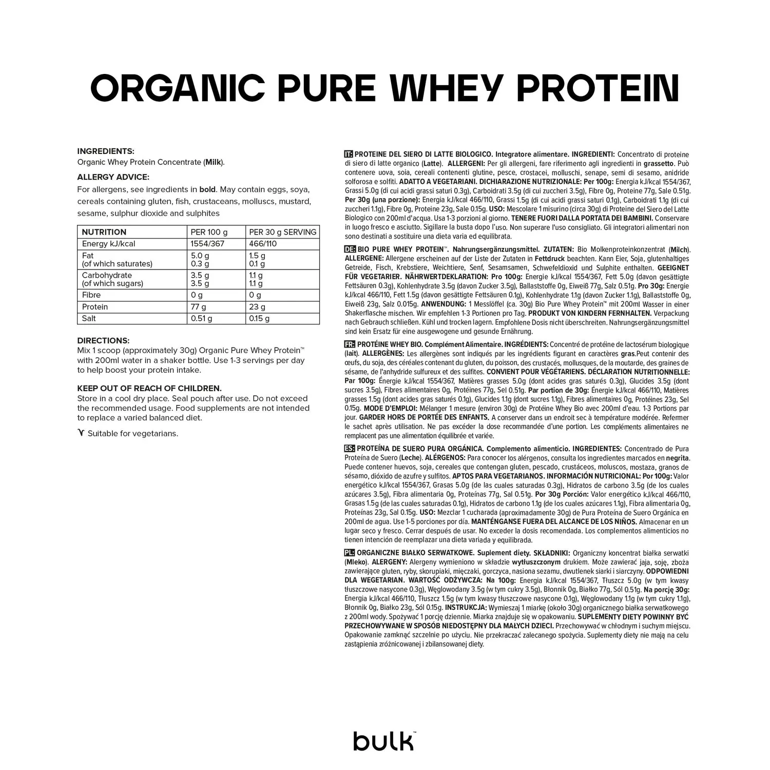 Bulk Protéine Whey Bio Nature 500 g certifiée biologique