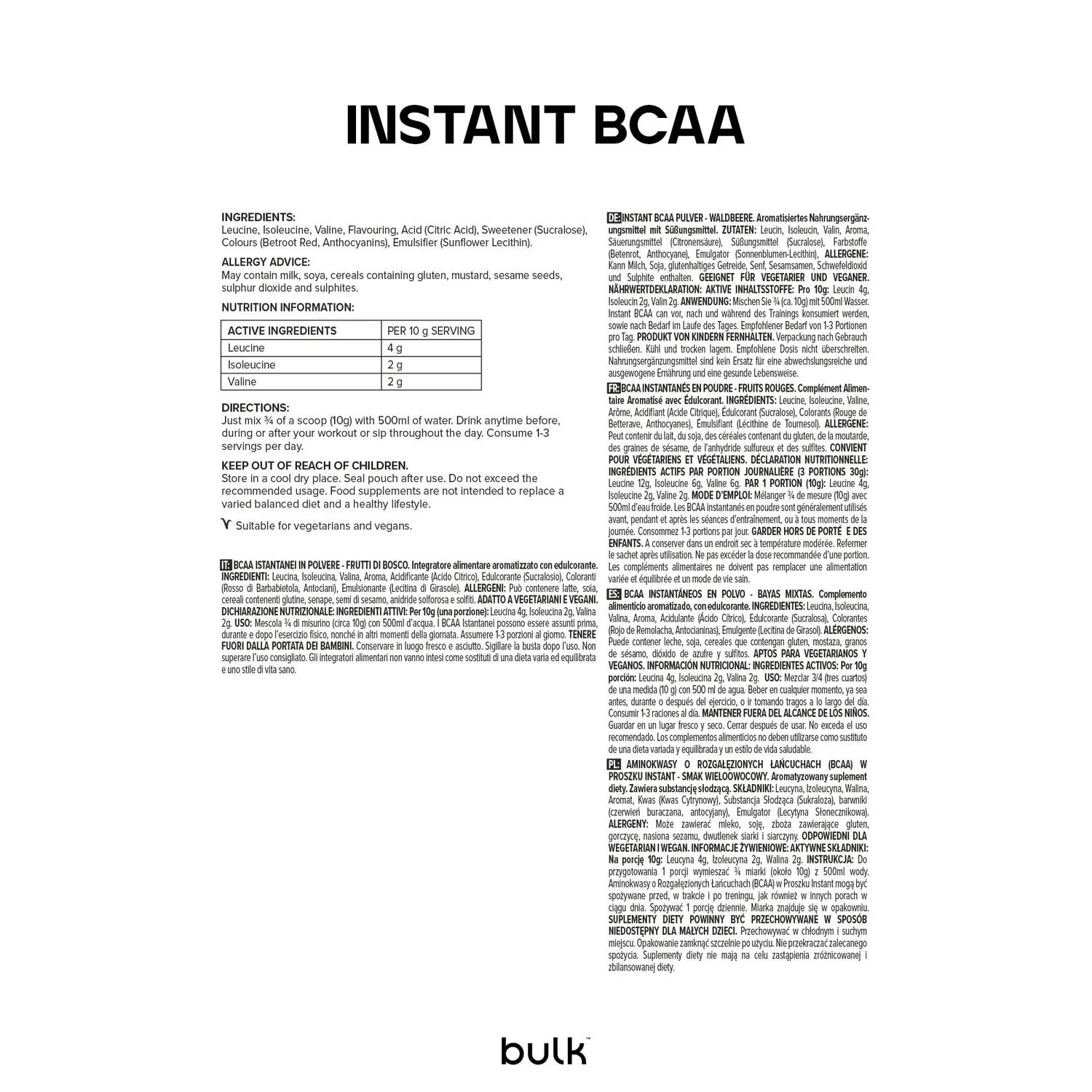 BULK BCAA Instantanés en poudre fruits rouges 500 g 2:1:1