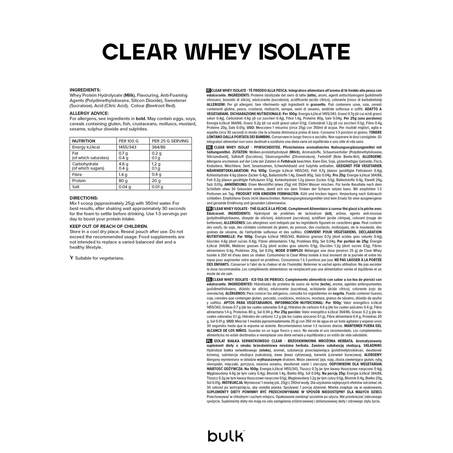 BULK Clear Whey Isolate protéine pêche thé glacé 500 g faible en sucre