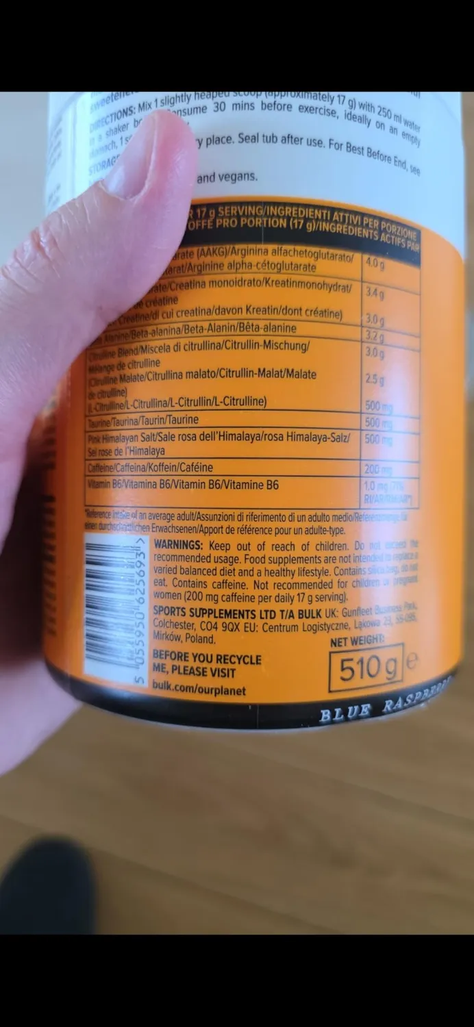 BULK Dope Pré-Workout poudre Framboise Bleu caféine créatine