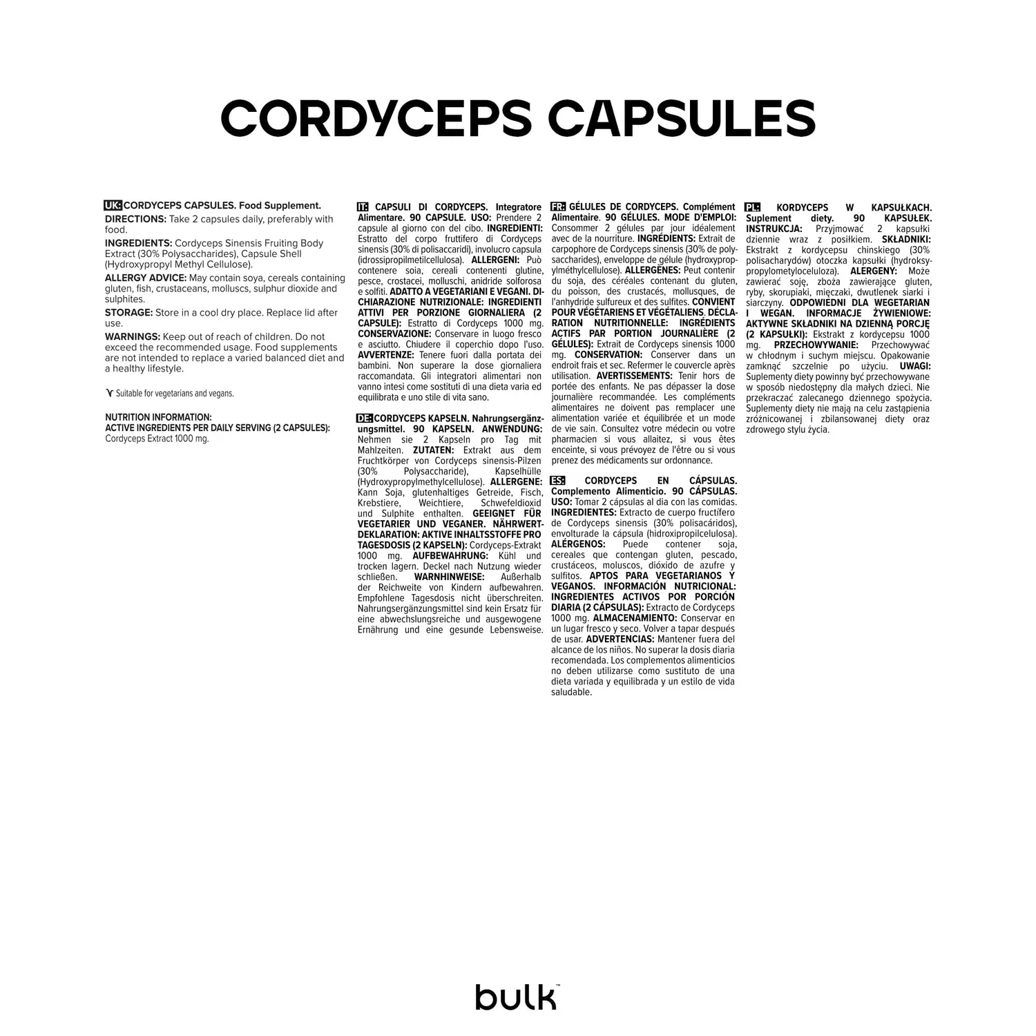 BULK Cordyceps Capsules gélules 30 unités extrait 500 mg