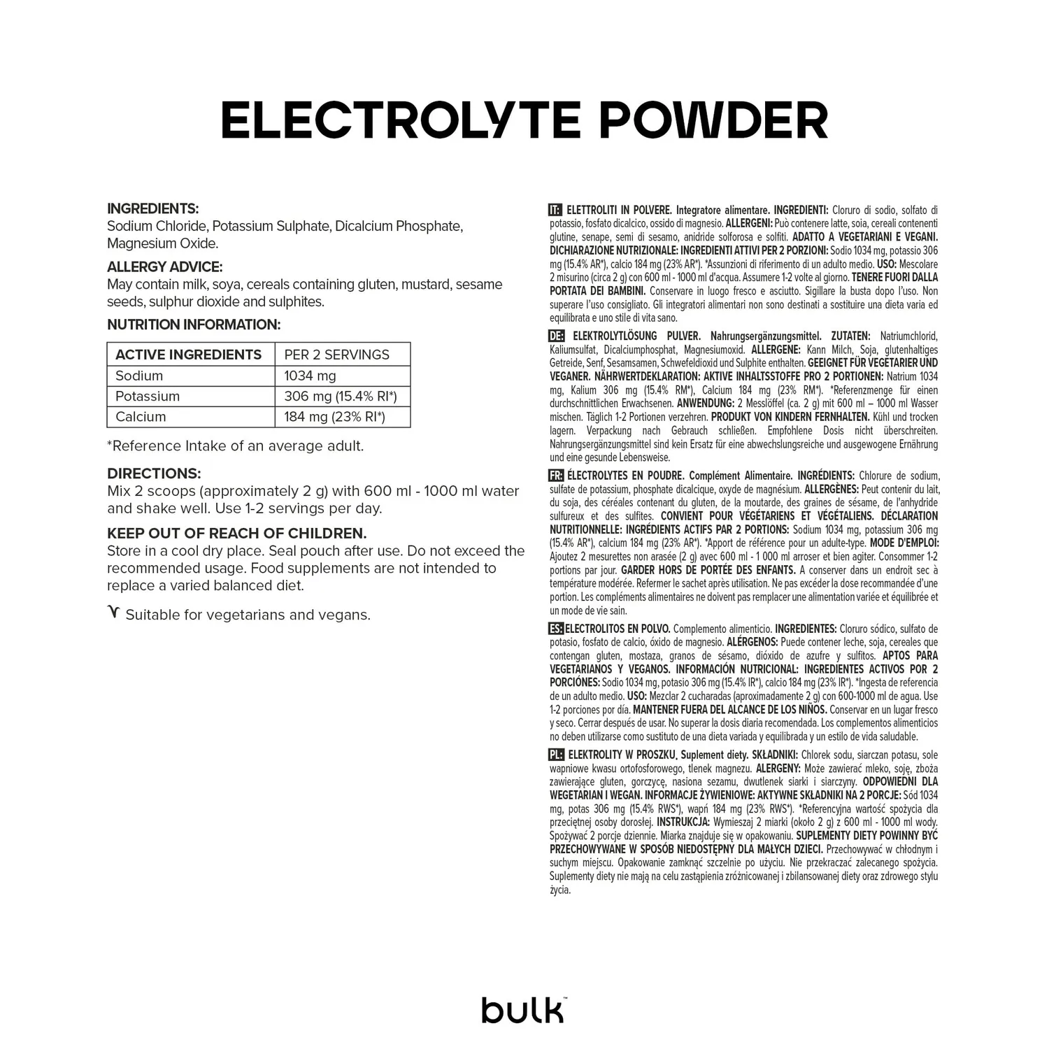 BULK Complete poudre d’électrolytes nature 500 g sans sucre