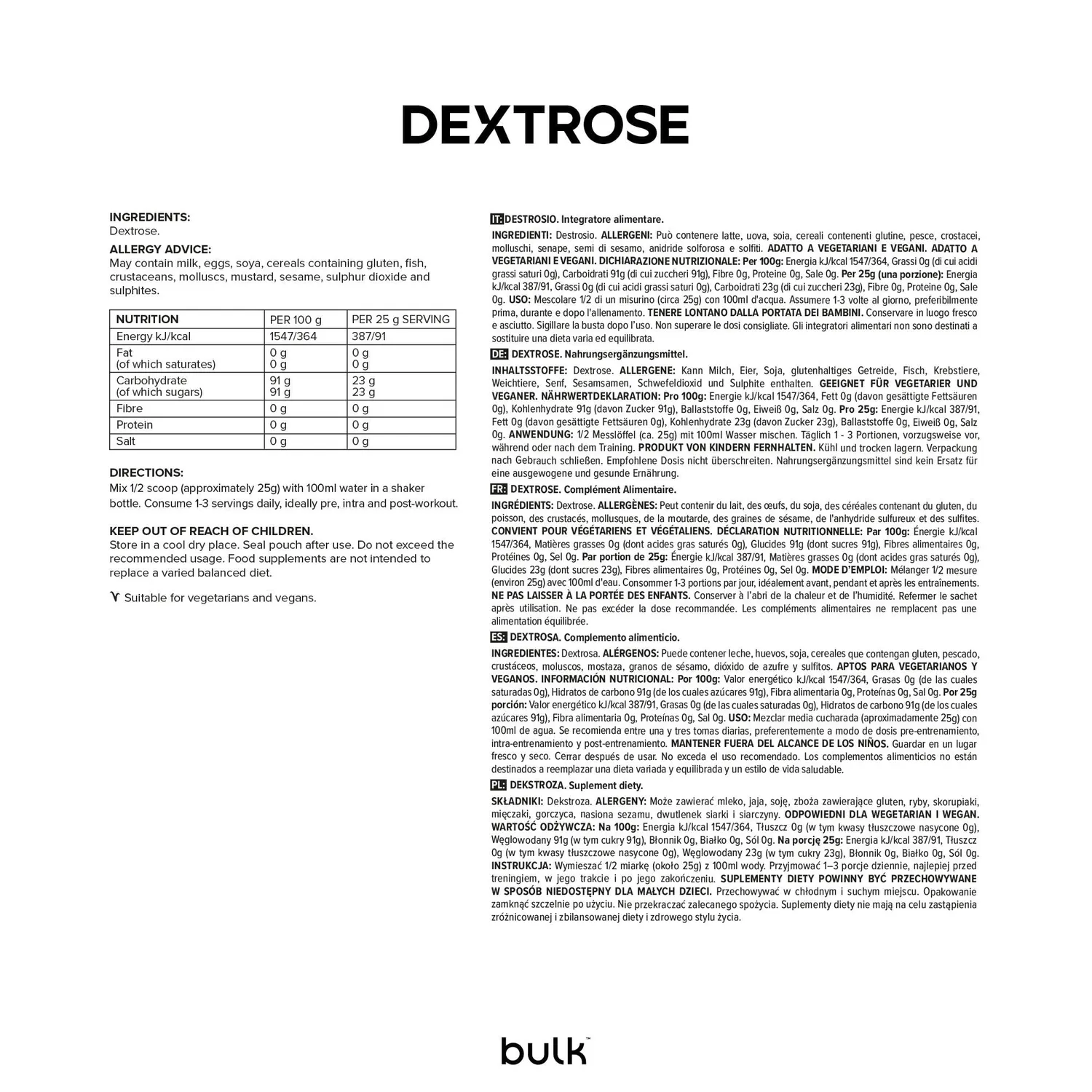BULK Dextrose poudre 5 kg glucides rapides