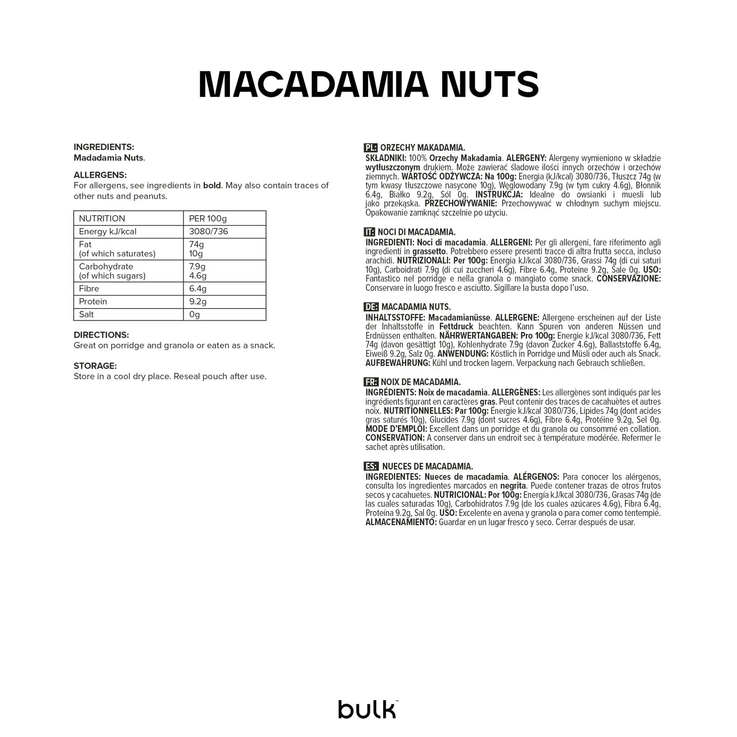 Bulk Noix de macadamia crues non salées 500 g énergie