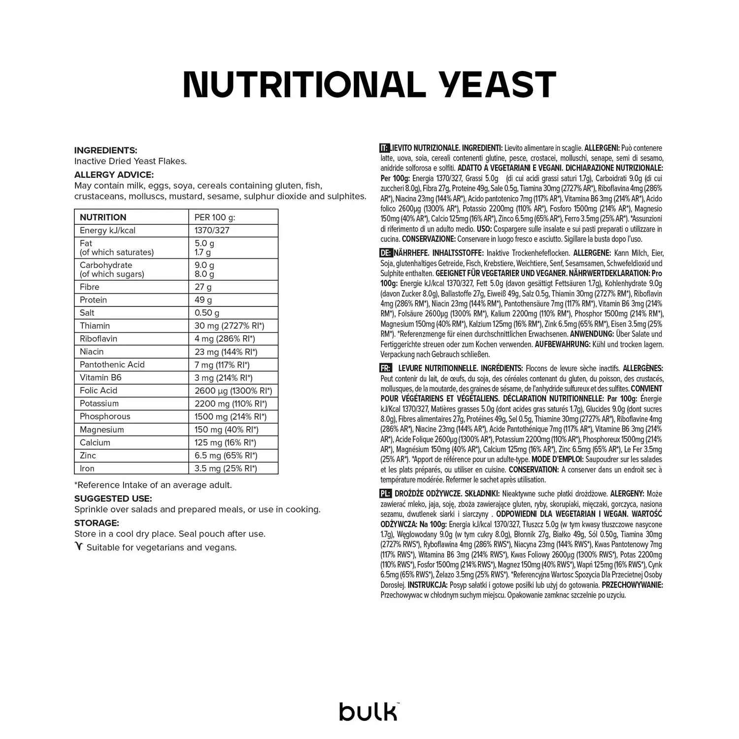BULK Flocons de levure nutritionnelle vegan 300 g vitamine B