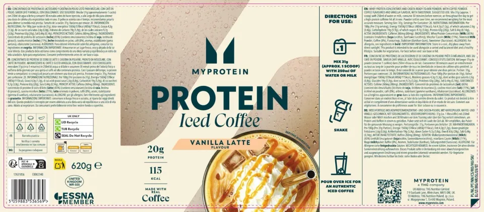 Myprotein Café Glacé Protéiné poudre Vanille Iced Latte 20 doses caféiné