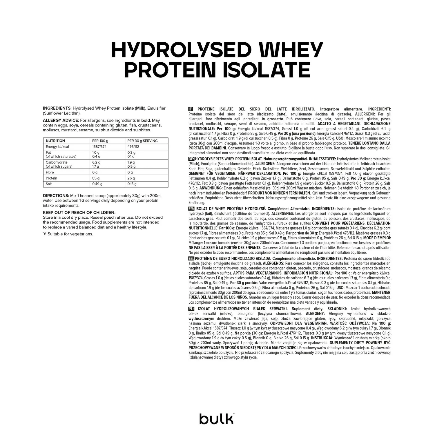 BULK Isolat de Whey Protéine Hydrolysé Nature 2,5 kg 90 % protéines