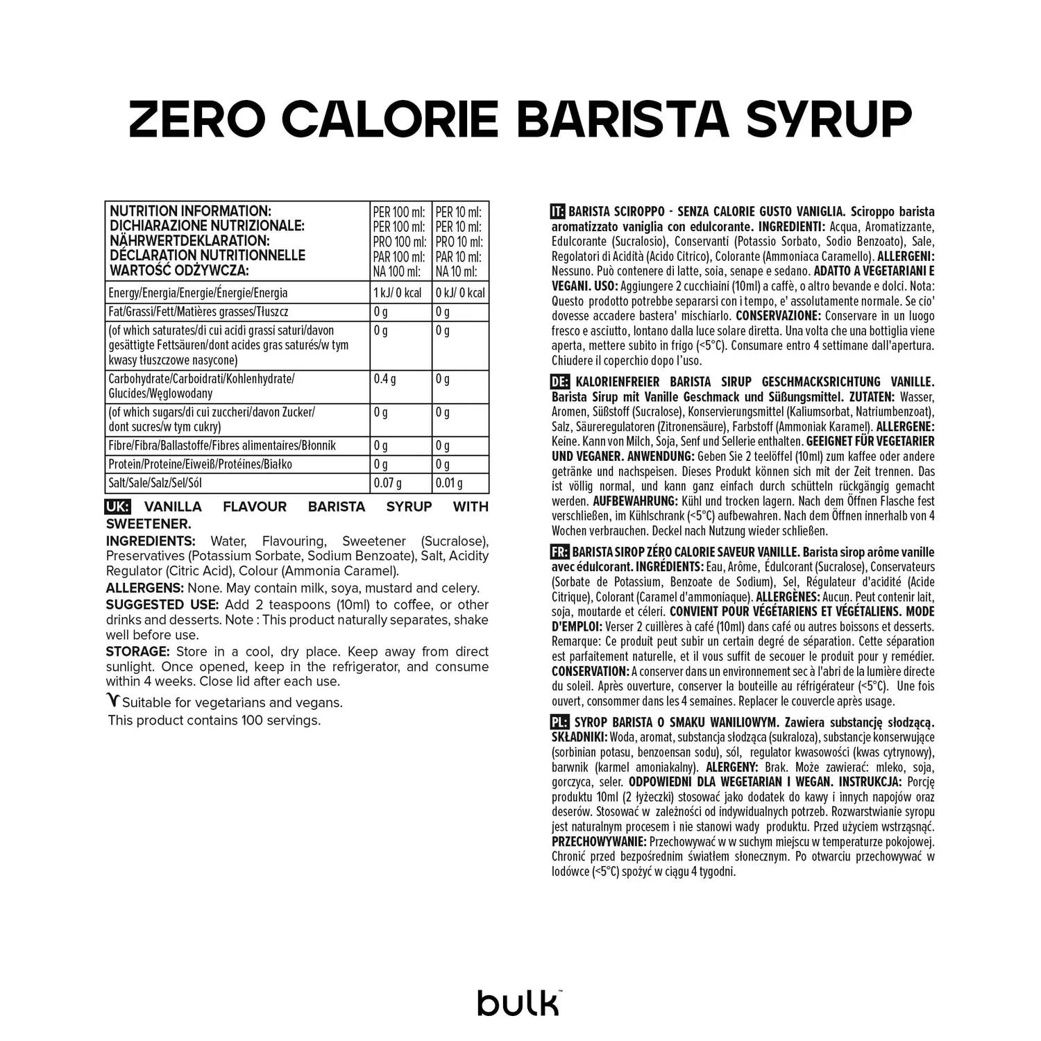 BULK Sirop Barista Zéro Calorie sirop vanille 1 litre sans sucre