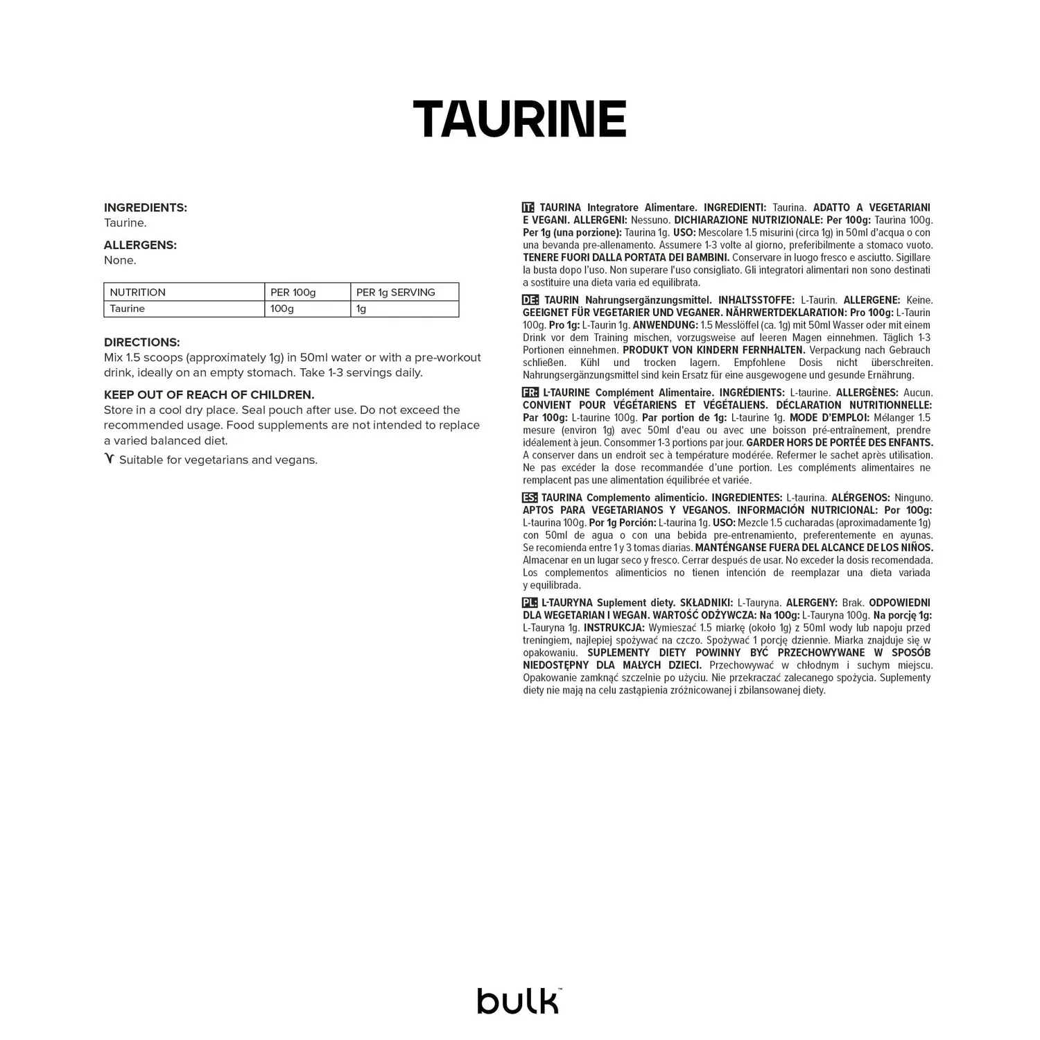 BULK Taurine pure en poudre 500 g acide aminé