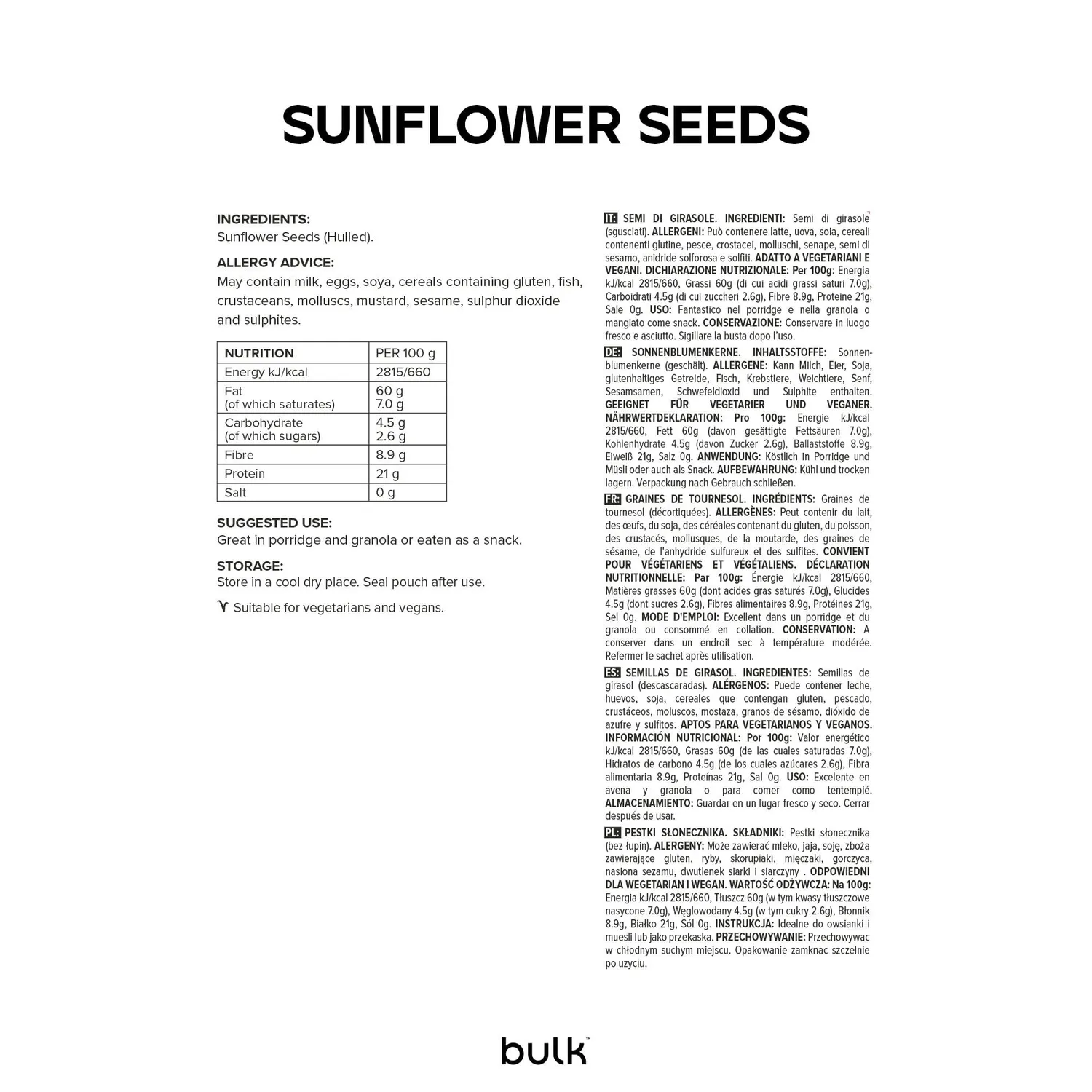 BULK Graines de tournesol 500 g sans gluten
