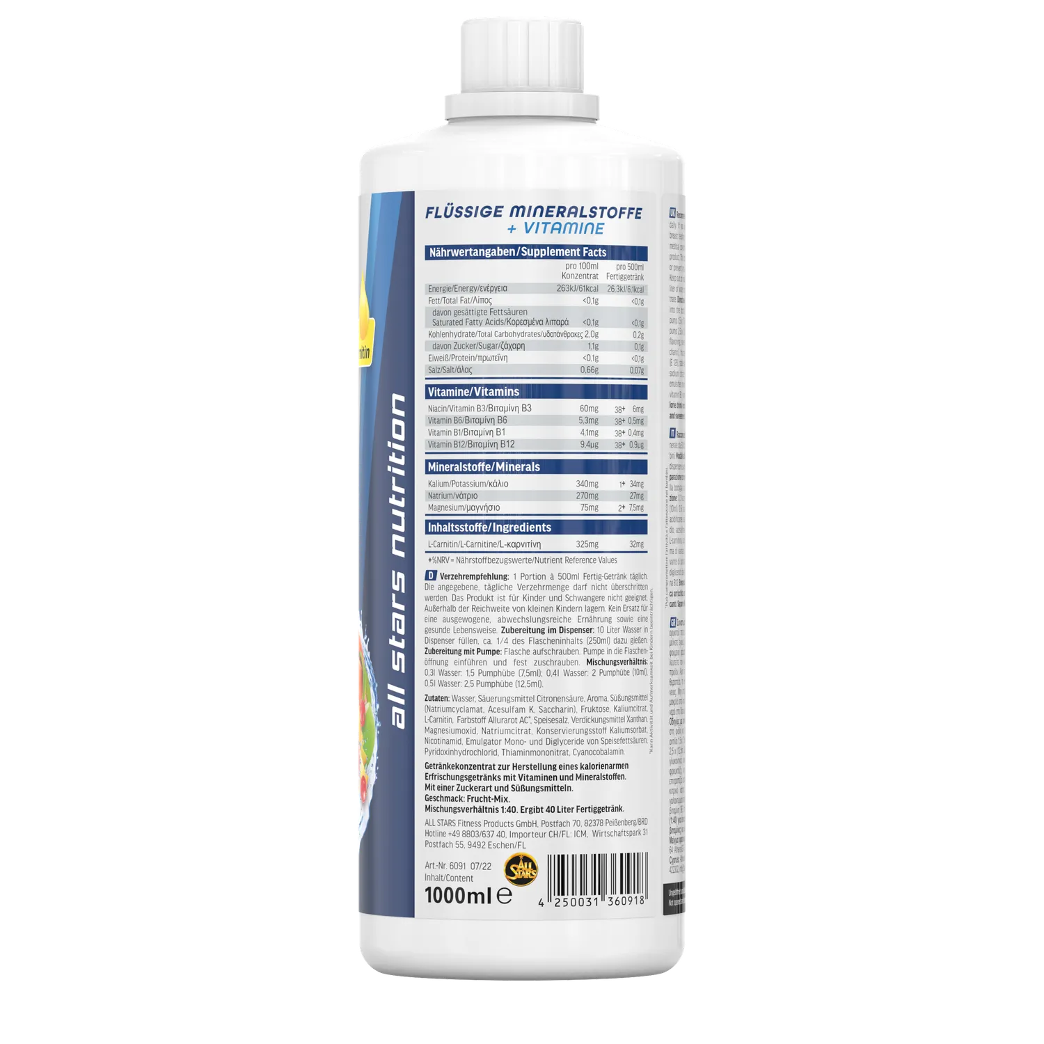 AllStars Minvit Light + L-Carnitin boisson concentrée 1 L Fruit-Mix moins de 5 kcal