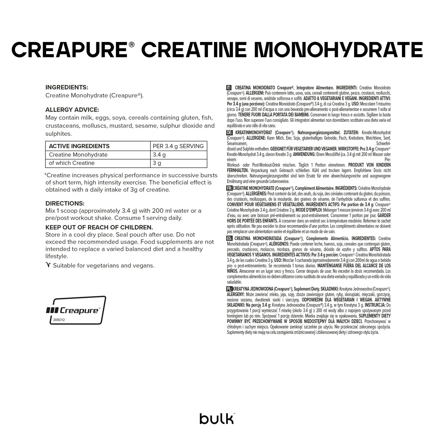 BULK Pure Series Creapure Creatine Monohydrate créatine 500 g
