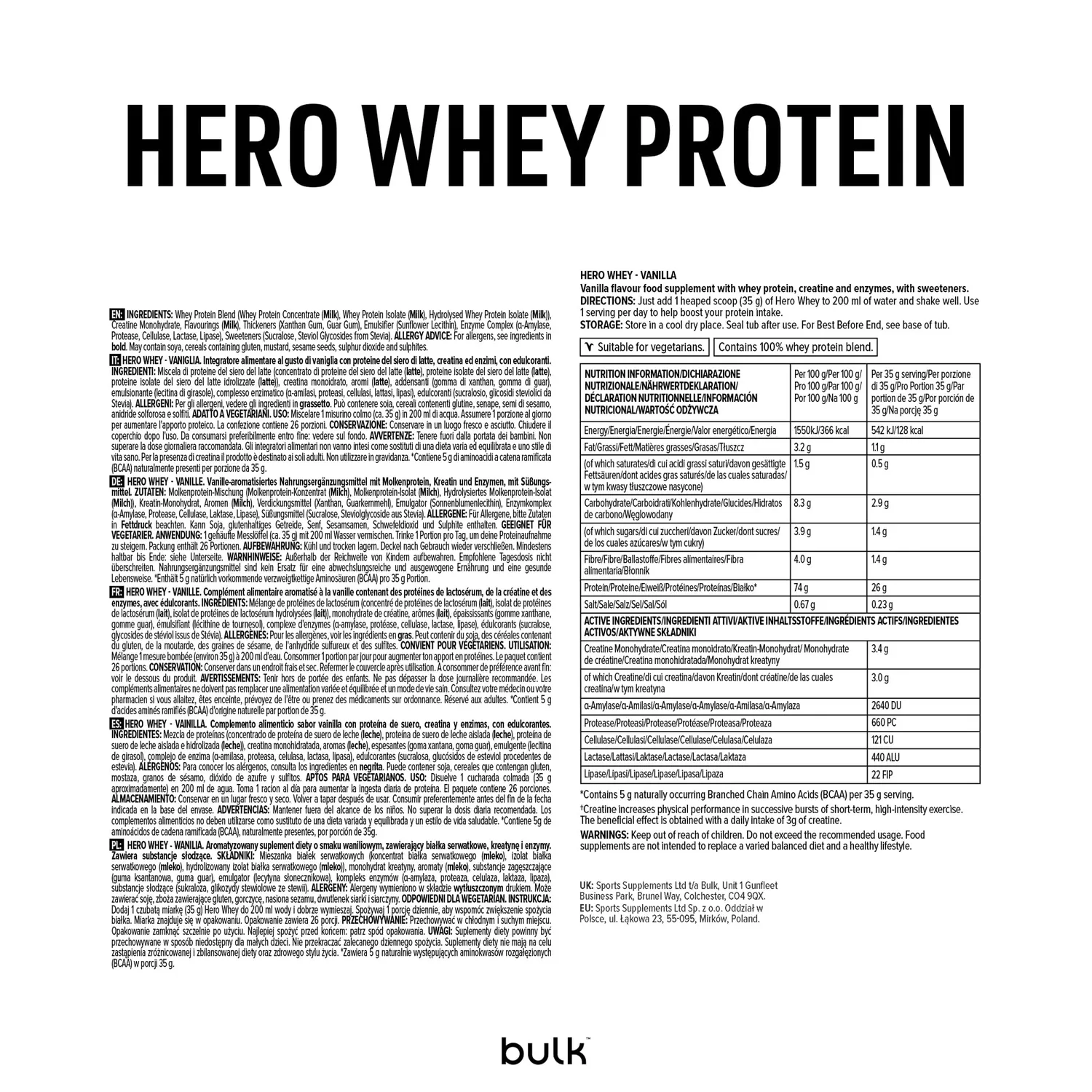 BULK Hero 100% Whey protéine en poudre vanille 65 portions créatine