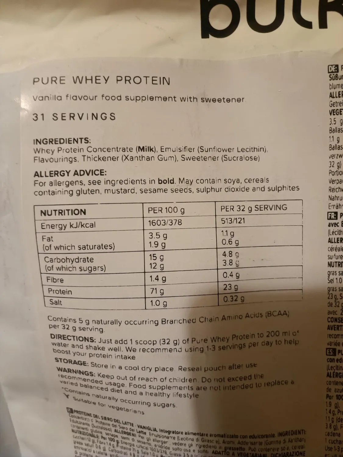 BULK Pure Whey protéine en poudre 1 kg Vanille moins sucrée