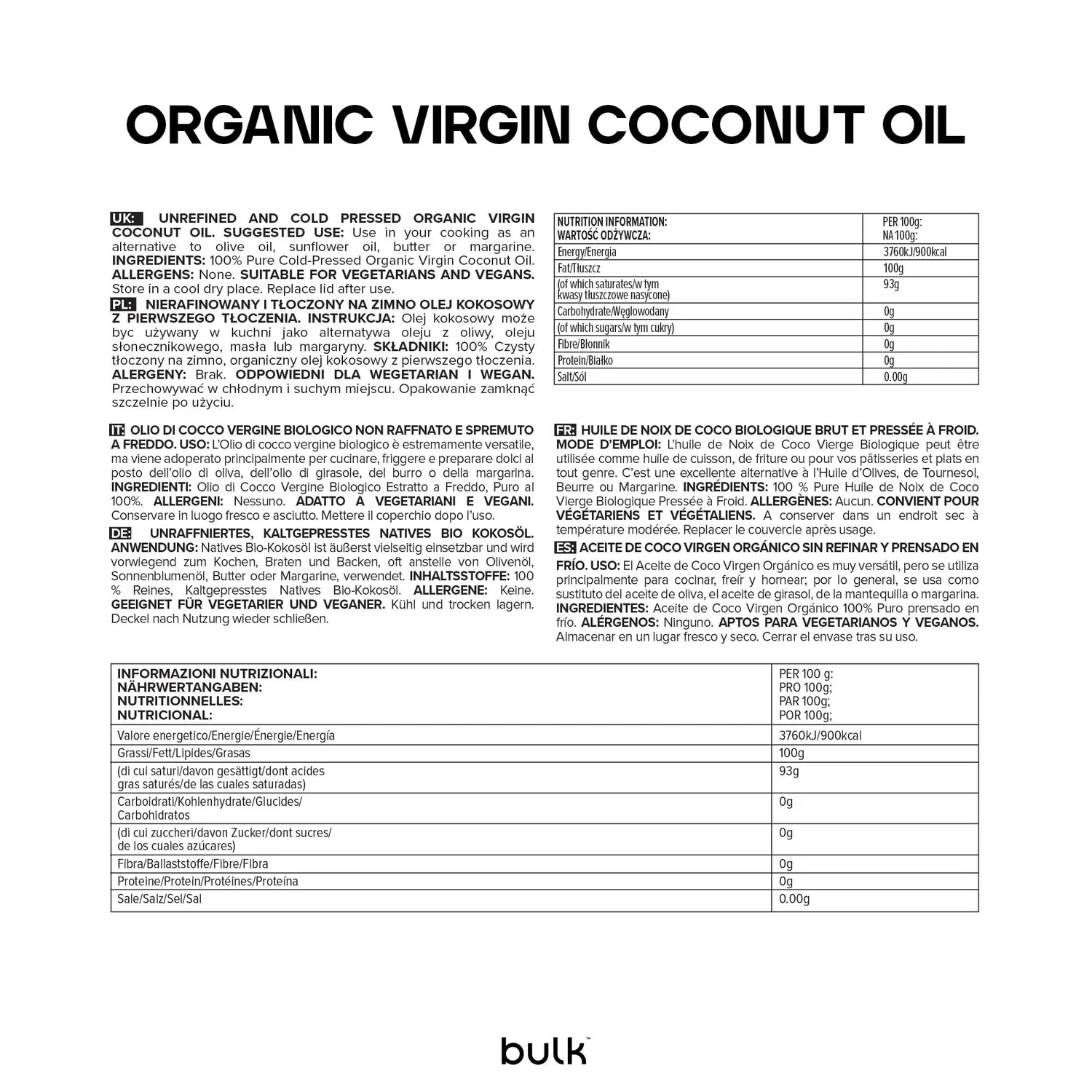 BULK Huile de Noix de Coco Vierge Biologique huile 460 g