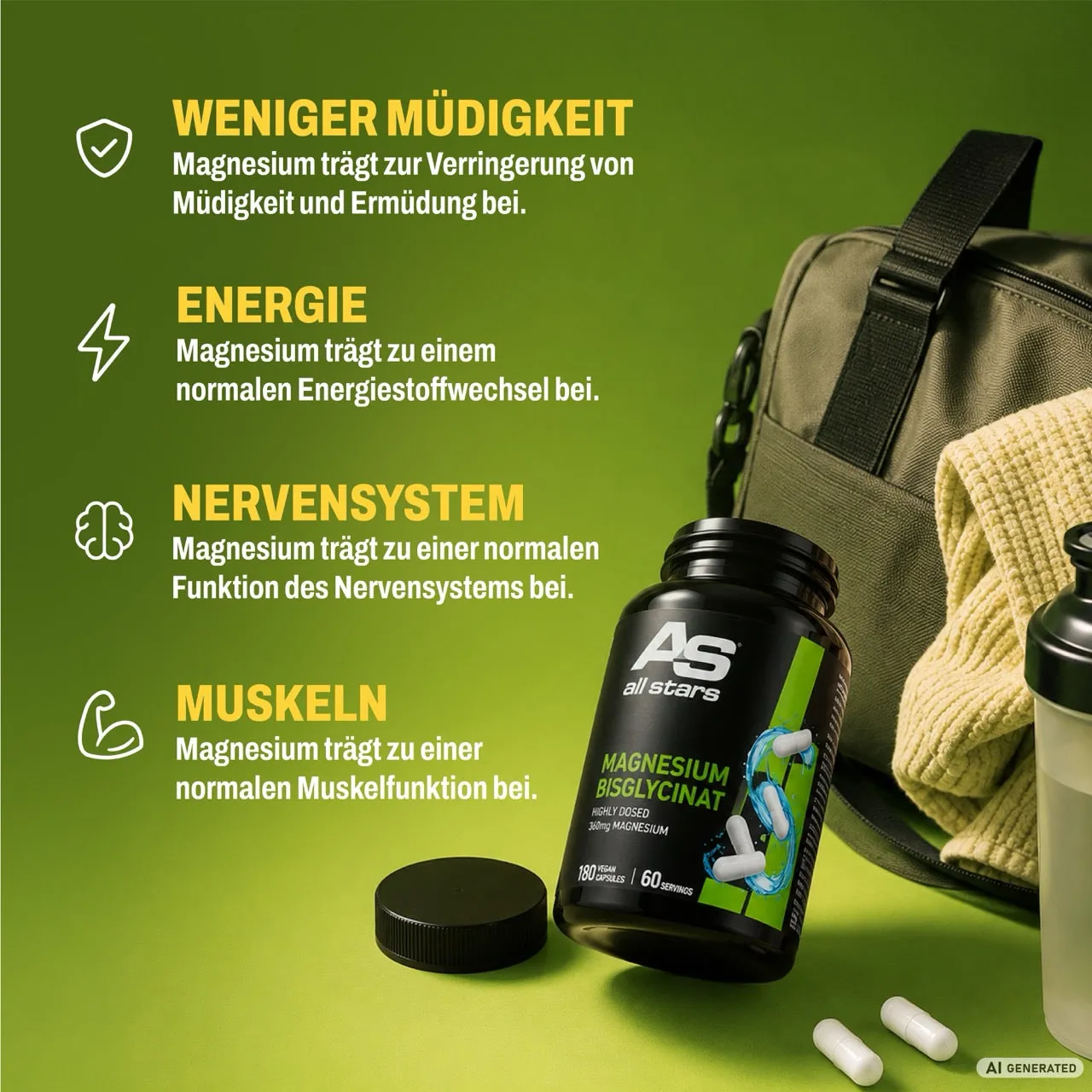 AllStars Magnesium Bisglycinat gélules 180 unités vegan 360 mg