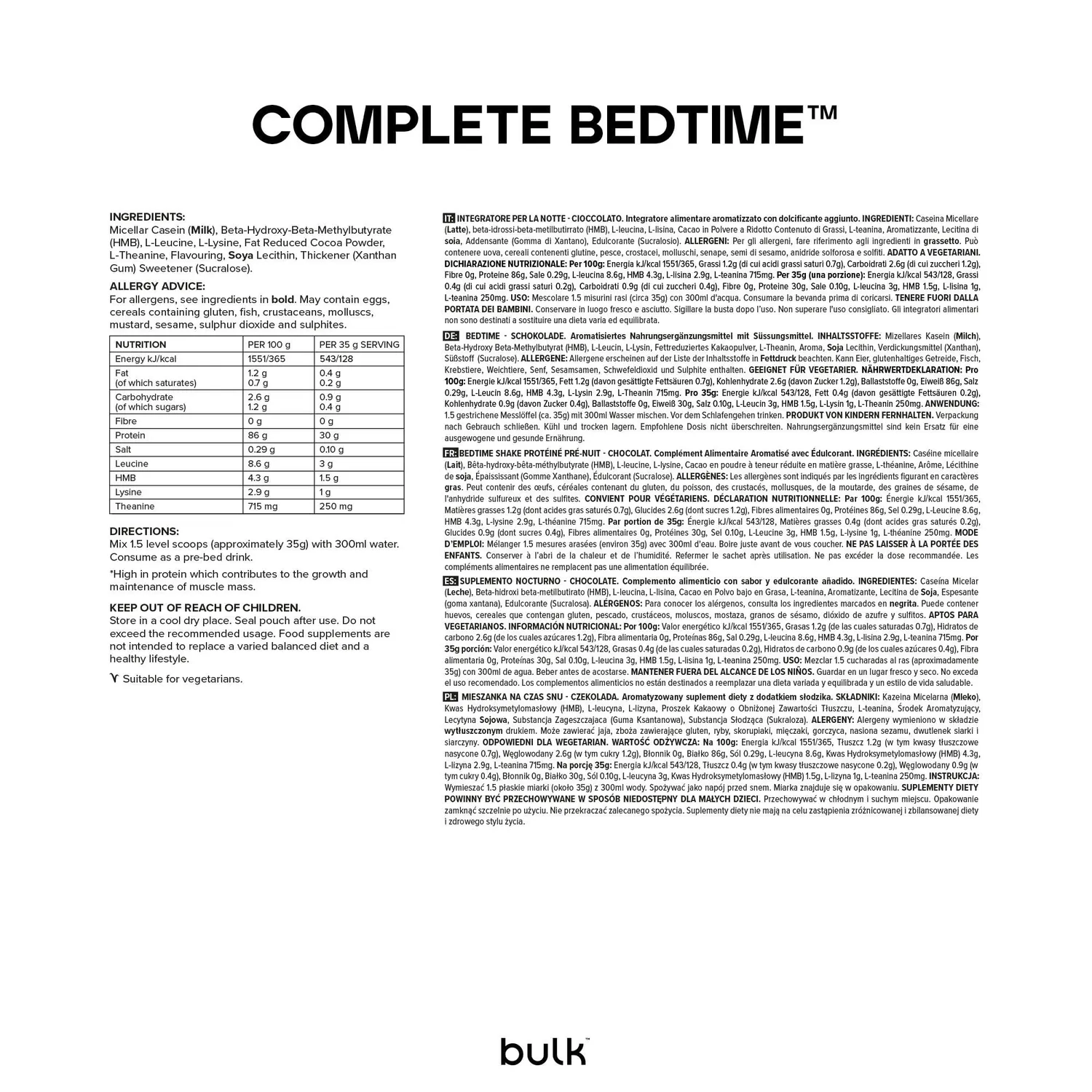 BULK Complete Bedtime Shake Protéiné Pré-Nuit chocolat 2,5 kg caséine
