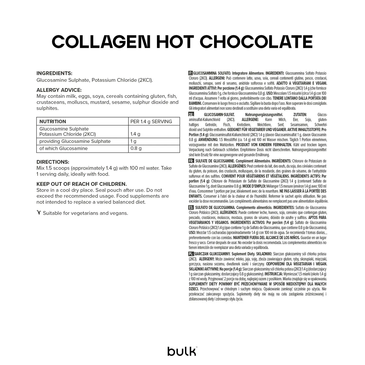 Bulk Collagen Hot Chocolate poudre 500 g collagène bovin