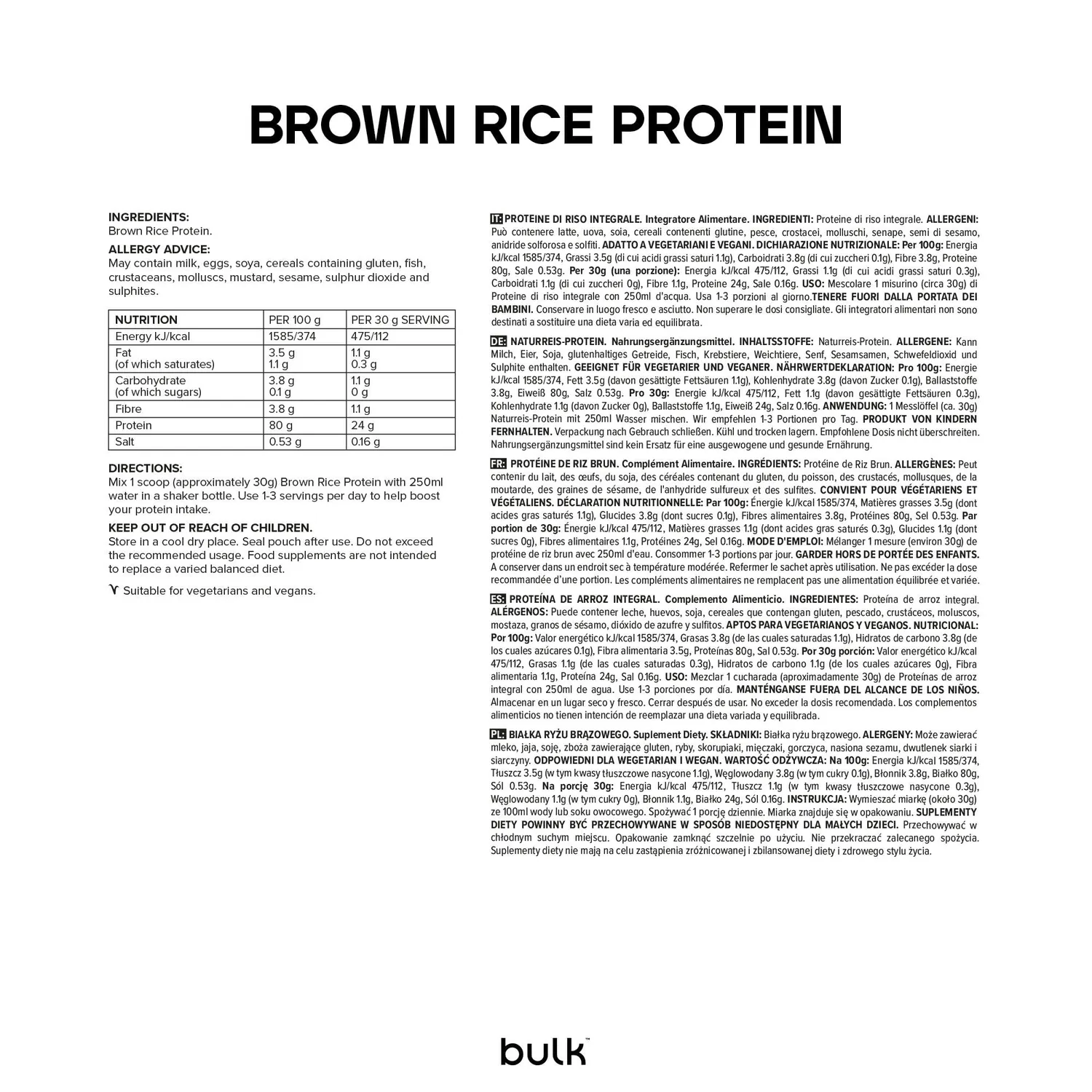 BULK protéine de riz brun poudre 2,5 kg non aromatisée