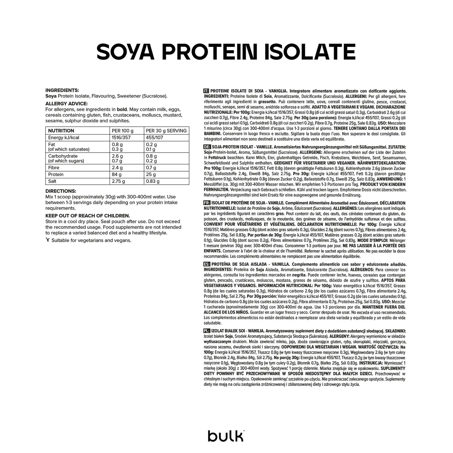 BULK Isolat de protéine de soja poudre 1 kg Vanille végétale