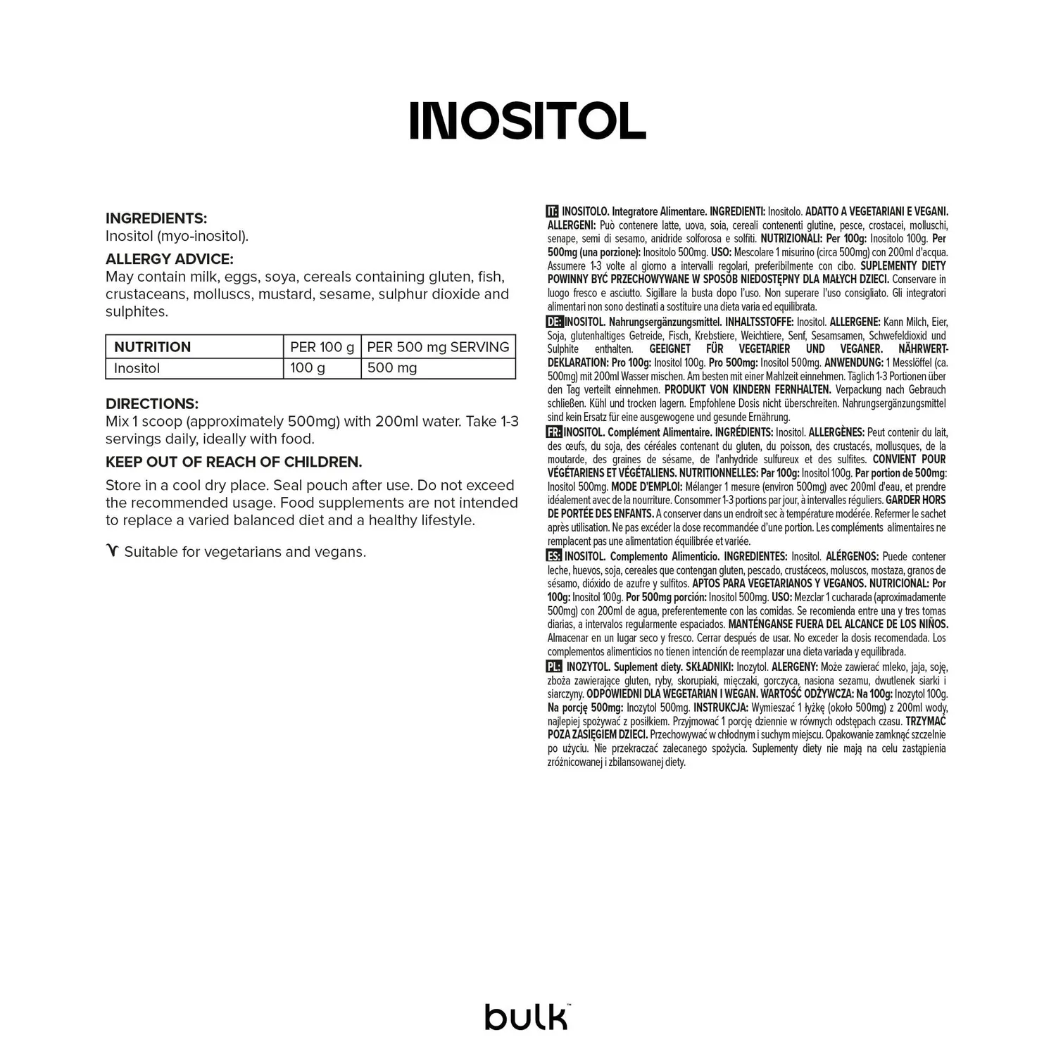 BULK Inositol en poudre 500 g sans arôme 500 mg myo-inositol